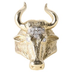 Bague Vintage en or jaune 14K diamantée tête de taureau avec cornes