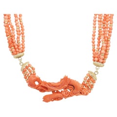 Vintage 14k Yellow Gold Diamond & Carved Coral Dragon Multi-Strand Necklace