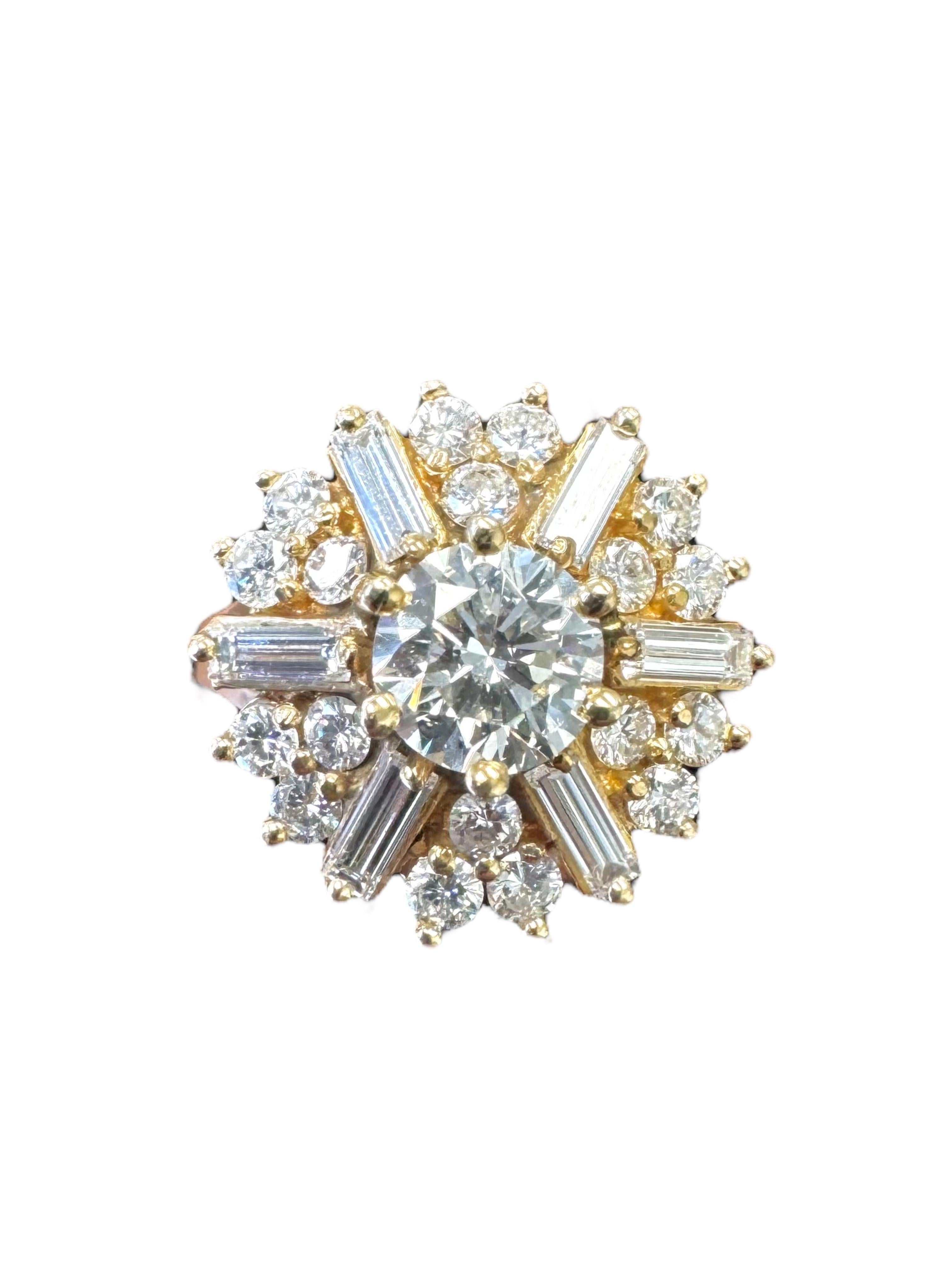 Vintage 14K Yellow Gold Diamond Cluster Ring with Brilliant-Cut Center For Sale 1
