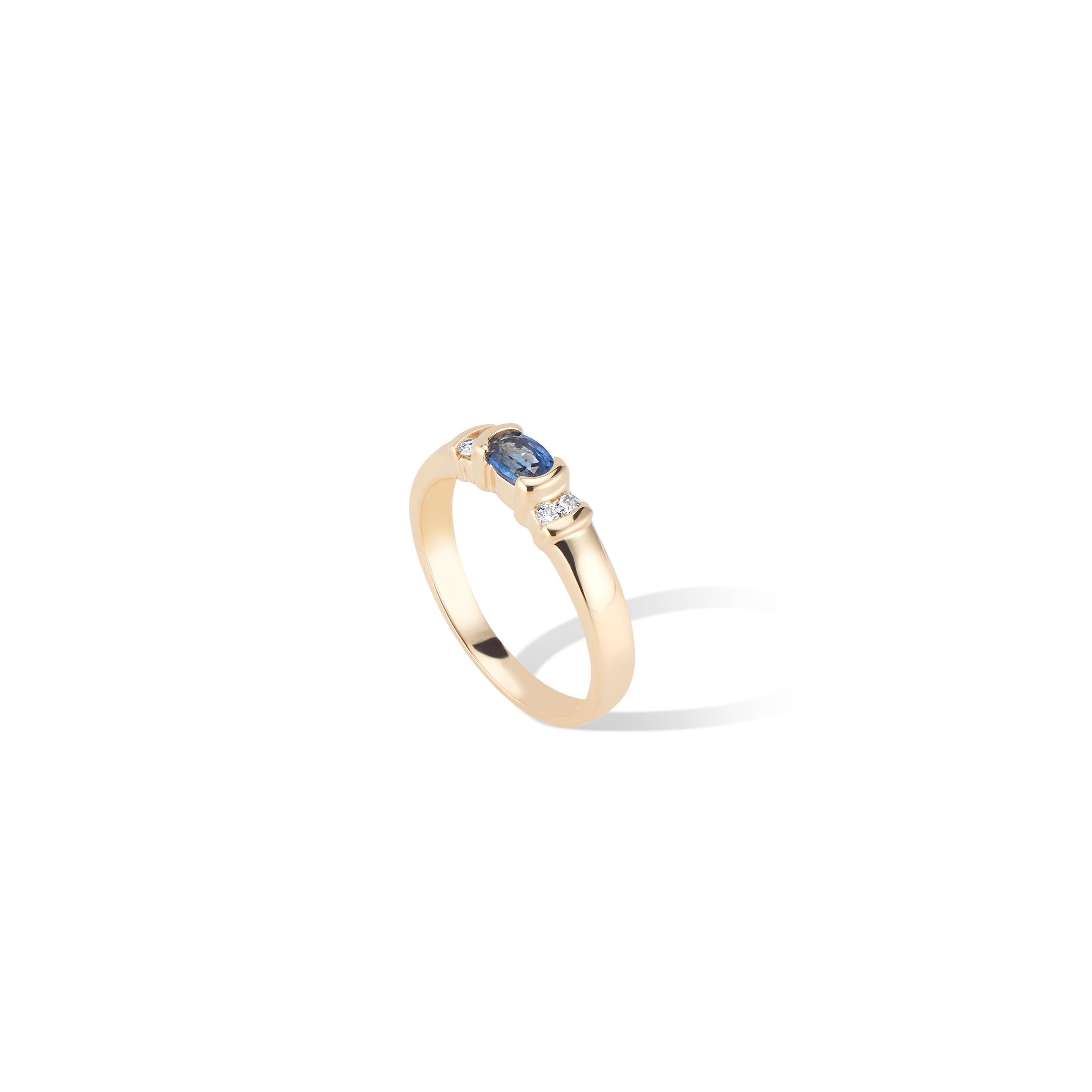 A darling vintage find from the 1980’s  - this perfect oval Sapphire Diamond Ring.
.35pt Sapphire set East to West in a bezel setting with 2 sparkling diamonds on each side.
The band has beautiful full curve 3.2mm at shoulder graduating down to a