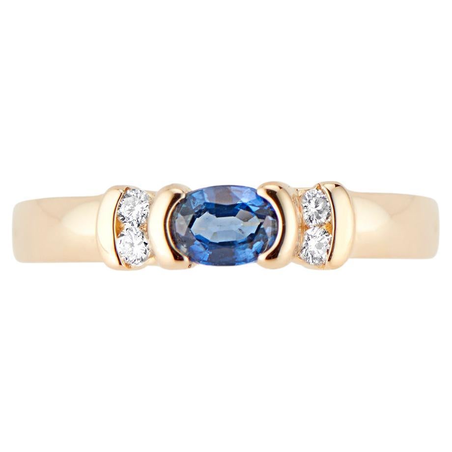Vintage 14K Yellow Gold Diamond East West Oval Sapphire Ring For Sale