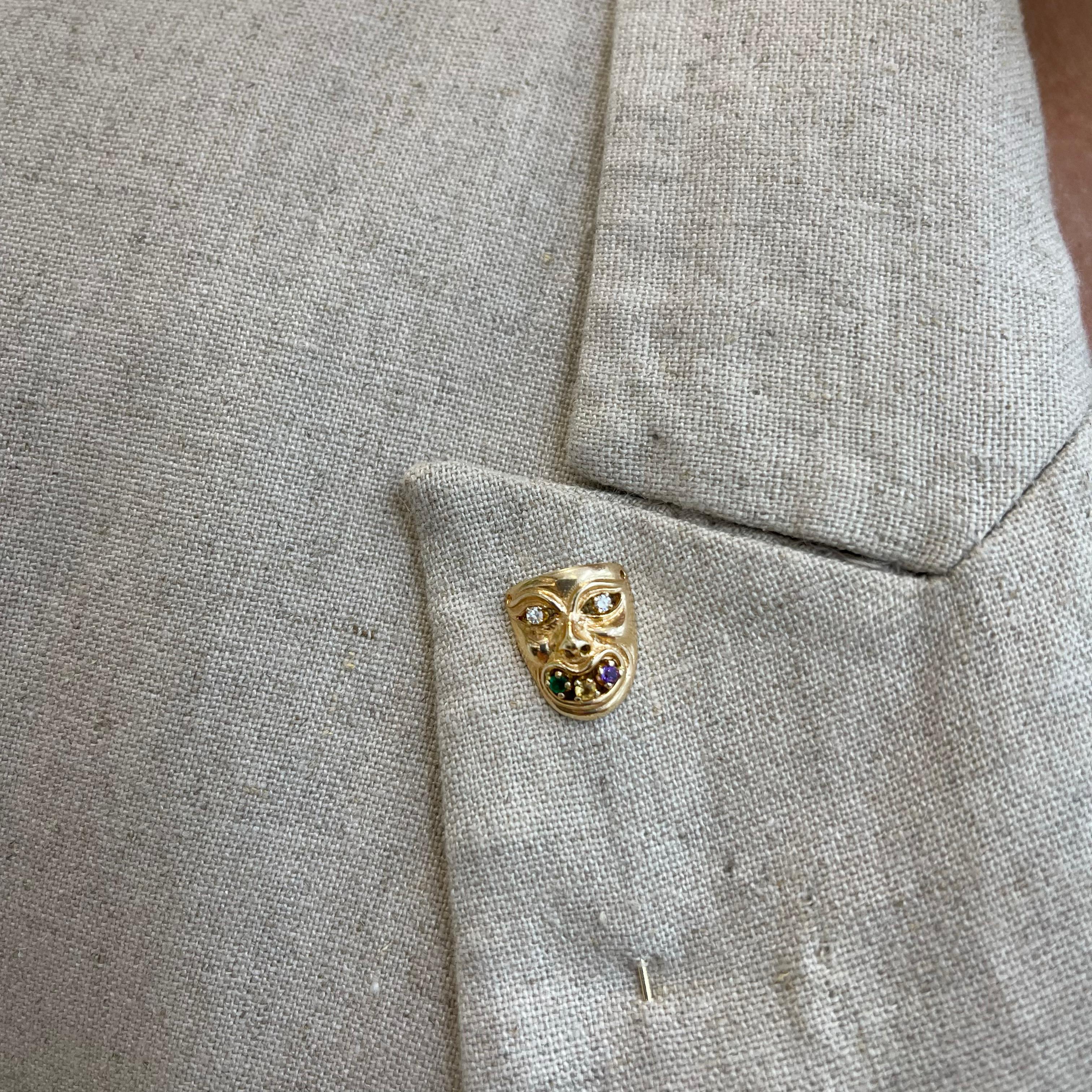 Women's or Men's Vintage 14K Yellow Gold Diamond Emerald Amethyst Citrine Mask Pin For Sale