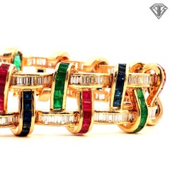 Vintage 14K Yellow Gold Diamond, Emerald, Sapphire, and Ruby Baguette Bracelet