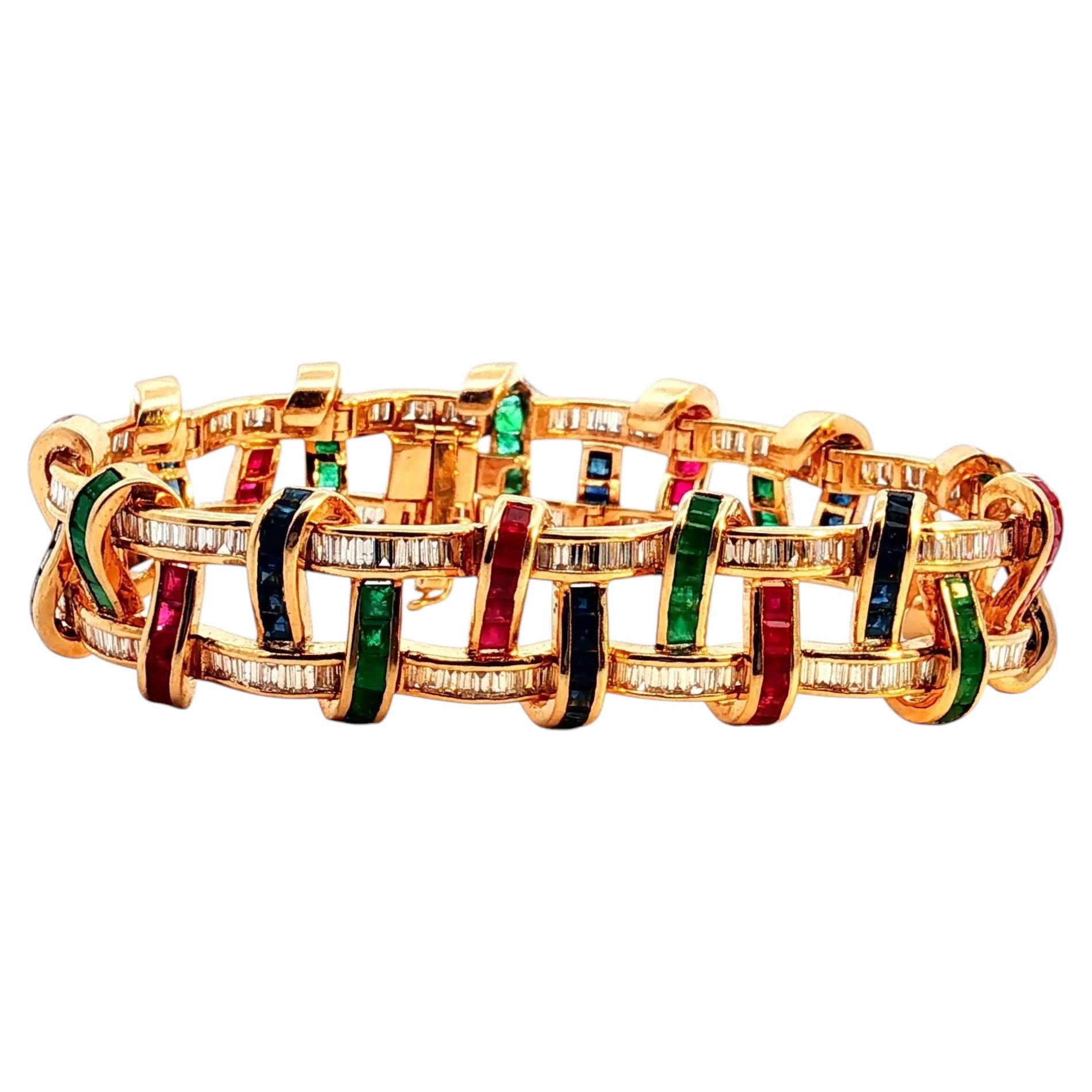 Vintage 14K Yellow Gold Diamond, Emerald, Sapphire, and Ruby Baguette Bracelet