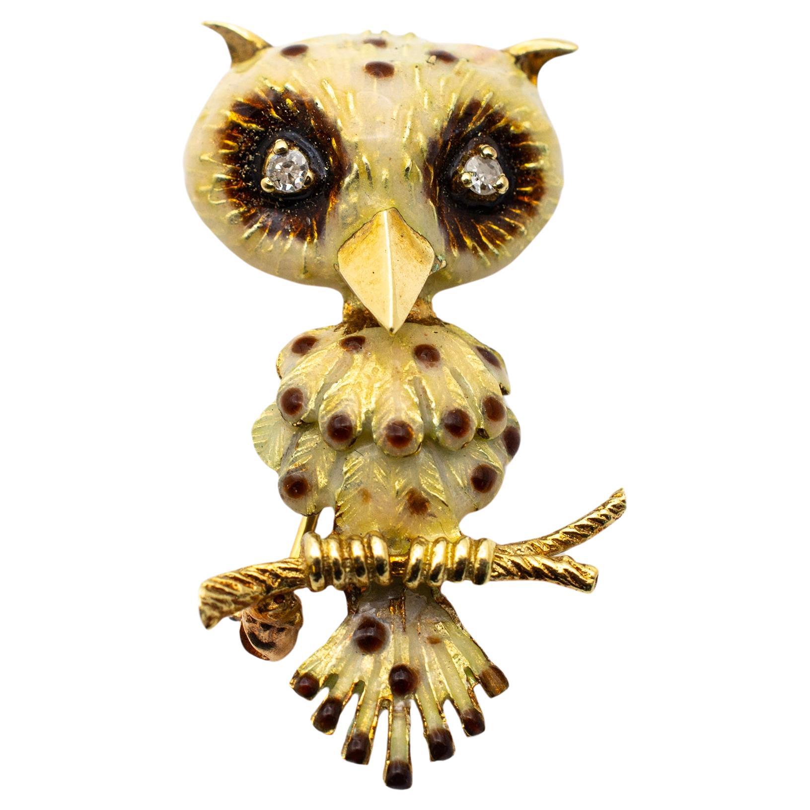 Vintage 14K Yellow Gold Diamond Enamel Whimsical Owl Pin Brooch