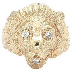 Vintage 14k Yellow Gold Diamond Eyes Detailed Lion's Head Face Ring