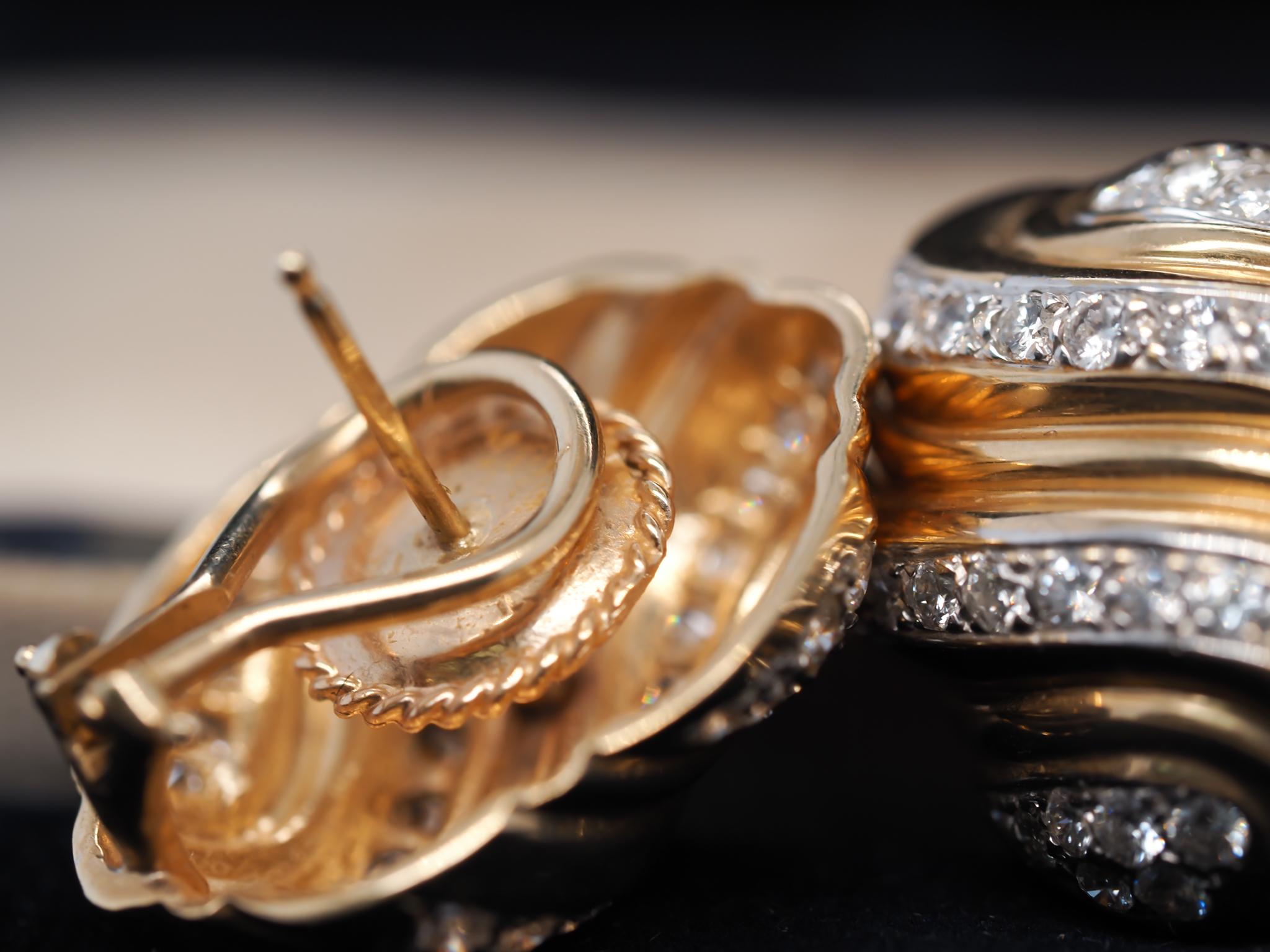 Contemporary Vintage 14K Yellow Gold Diamond Fancy Swirl Earrings For Sale