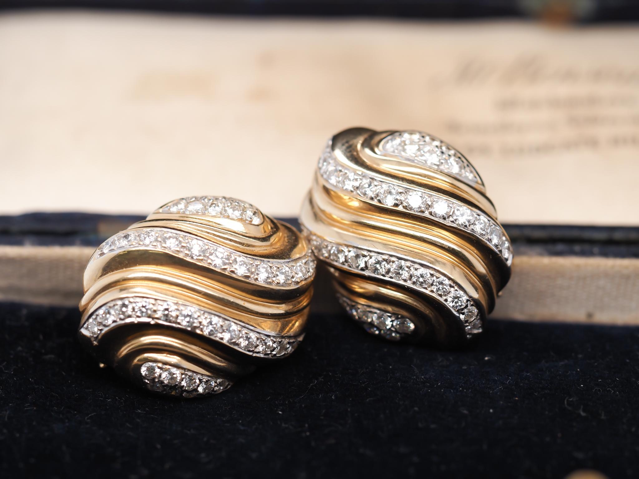 Women's or Men's Vintage 14K Yellow Gold Diamond Fancy Swirl Earrings For Sale