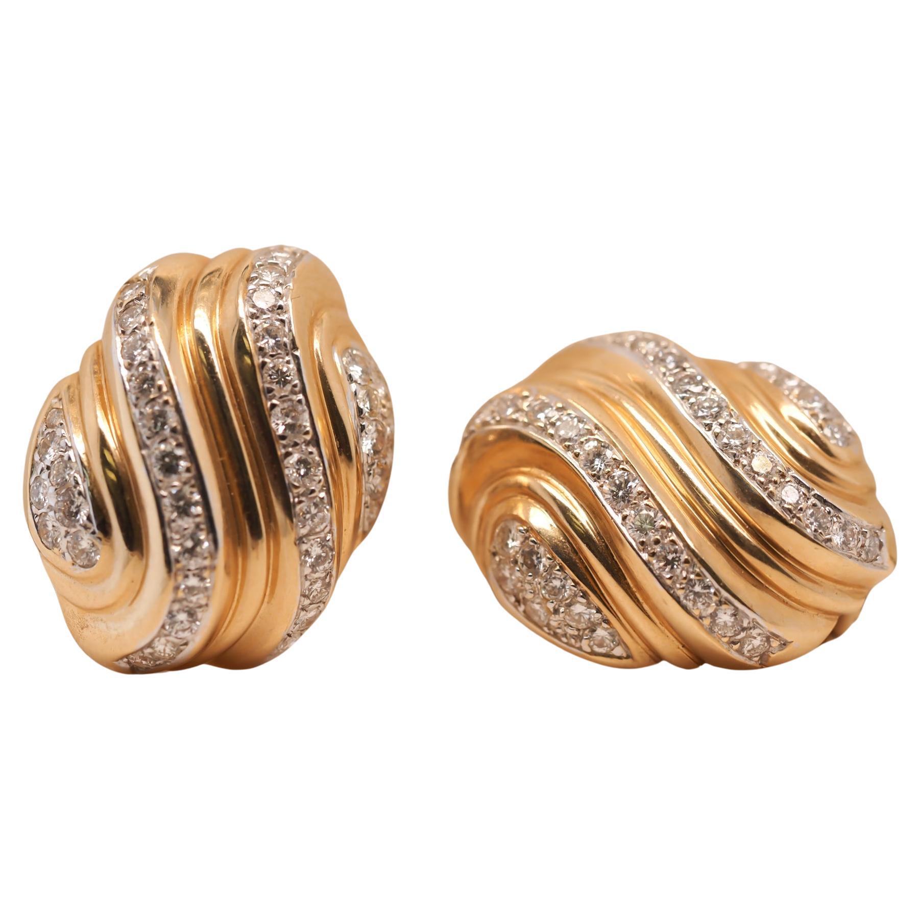 Vintage 14K Yellow Gold Diamond Fancy Swirl Earrings For Sale