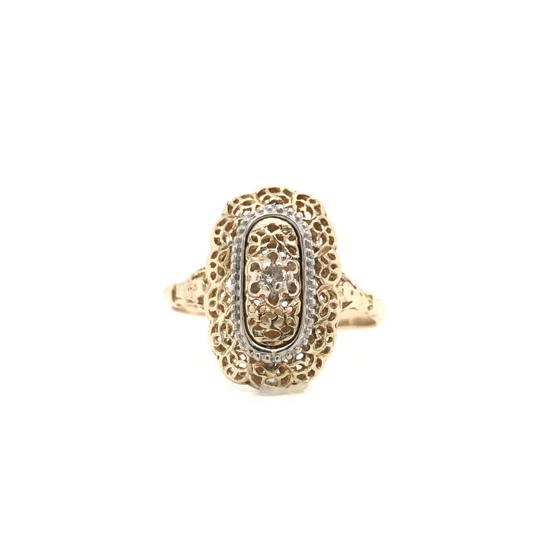 Single Cut Vintage 14 Karat Yellow Gold Diamond Filigree Ring