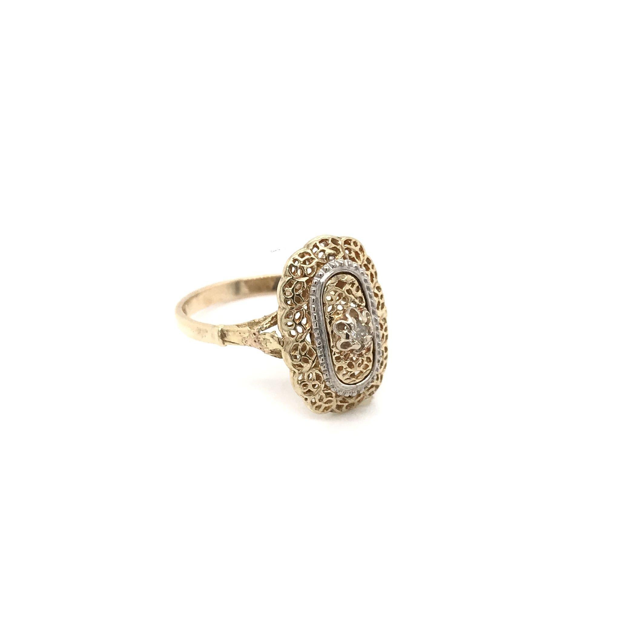 Women's Vintage 14 Karat Yellow Gold Diamond Filigree Ring