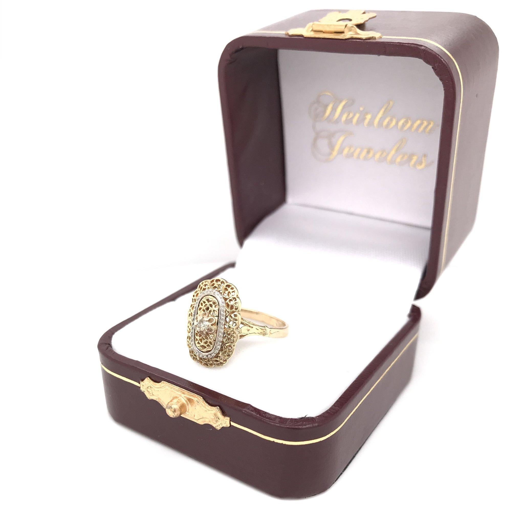 Vintage 14 Karat Yellow Gold Diamond Filigree Ring 1
