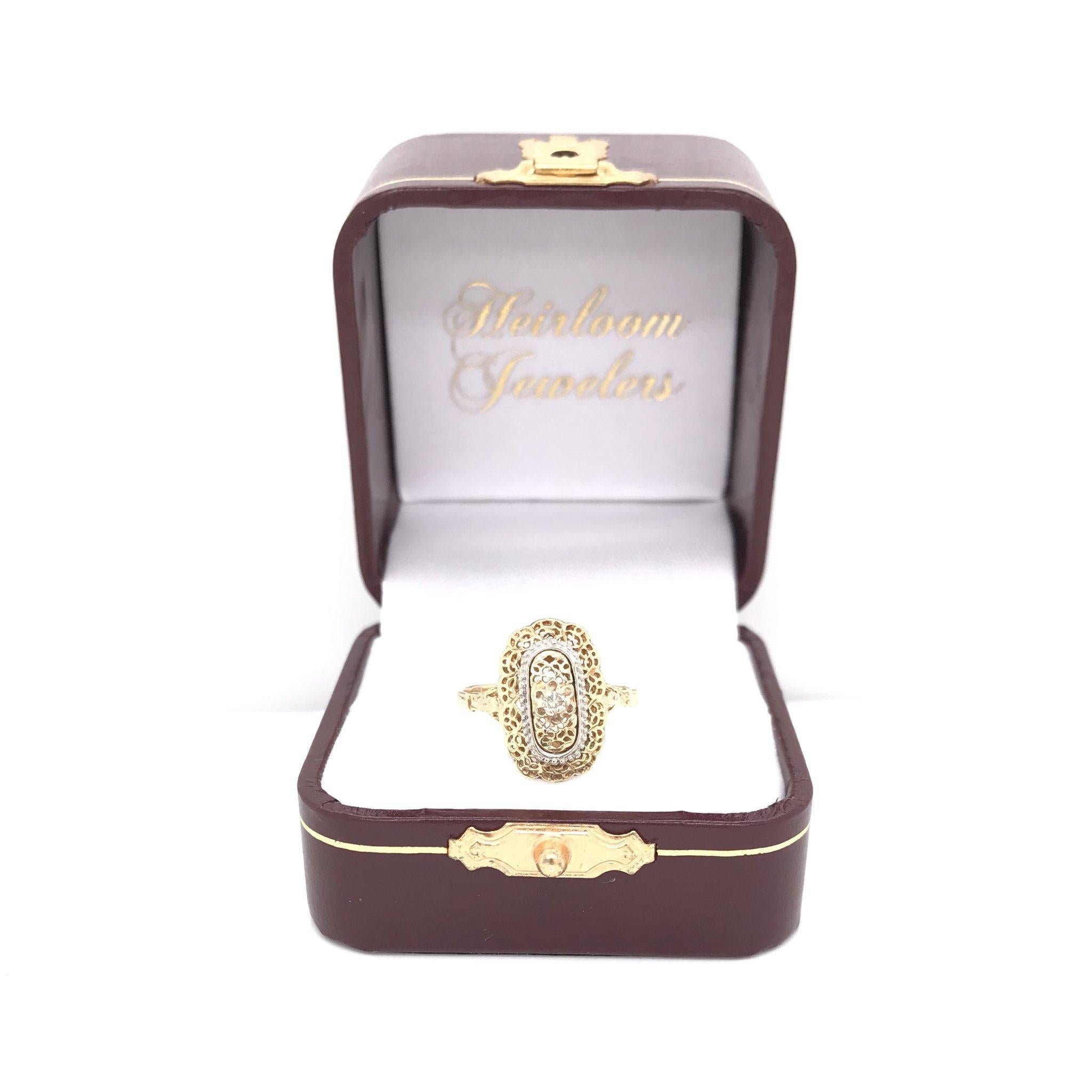 Vintage 14 Karat Yellow Gold Diamond Filigree Ring 2