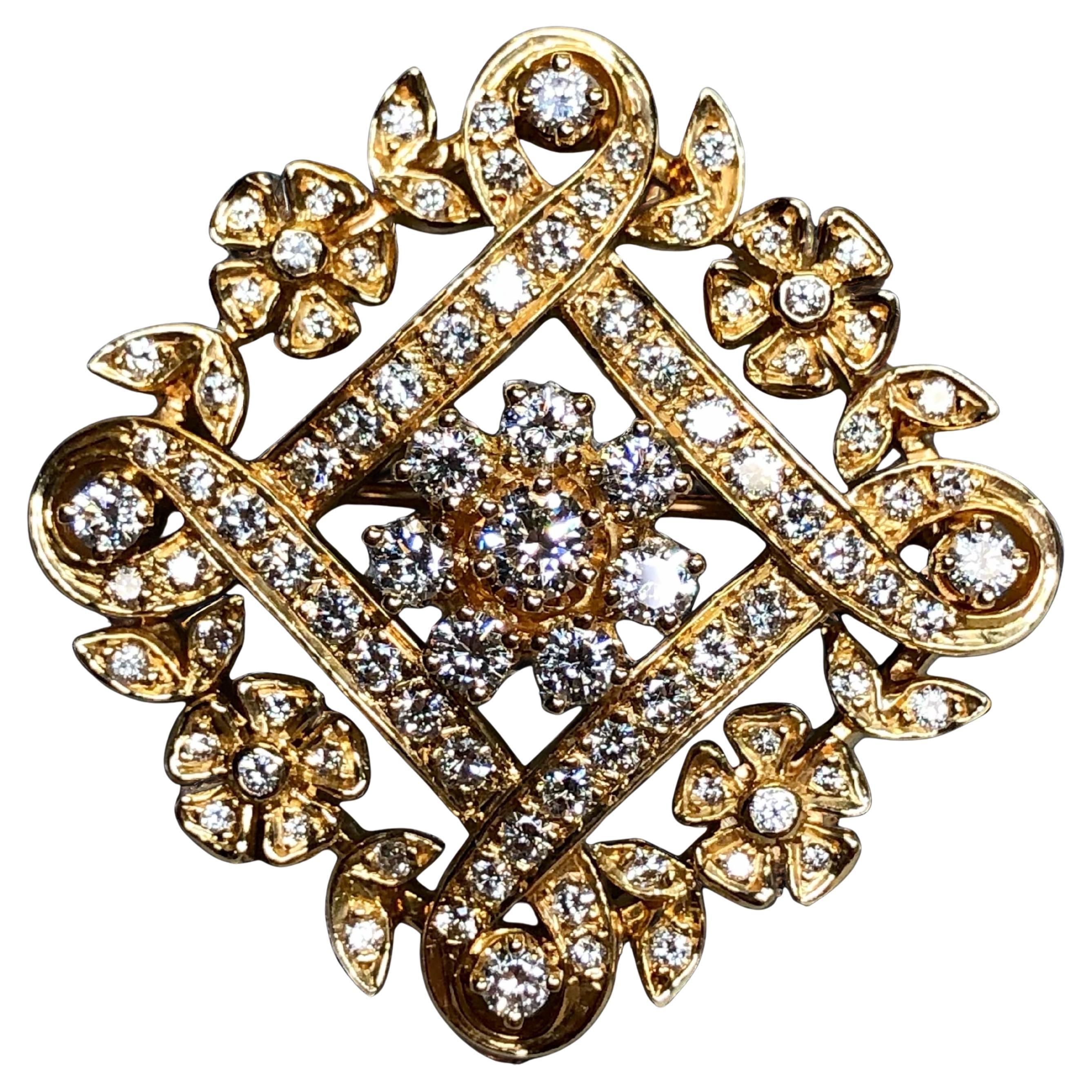 Vintage 14K Yellow Gold Diamond Floral Square Lattice Brooch Pin 2.55ctw F Vs
