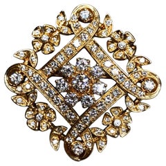 Vintage 14K Yellow Gold Diamond Floral Square Lattice Brooch Pin 2.55ctw F Vs