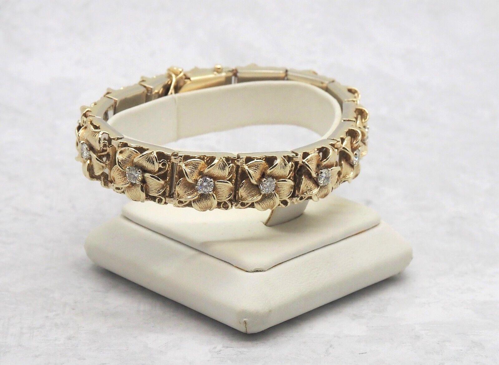 Vintage 14k Gelbgold Diamant-Blumenarmband, 7,5 Zoll - 70.0g (Retro) im Angebot
