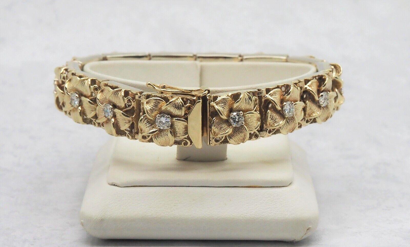 Vintage 14k Gelbgold Diamant-Blumenarmband, 7,5 Zoll - 70.0g (Rundschliff) im Angebot
