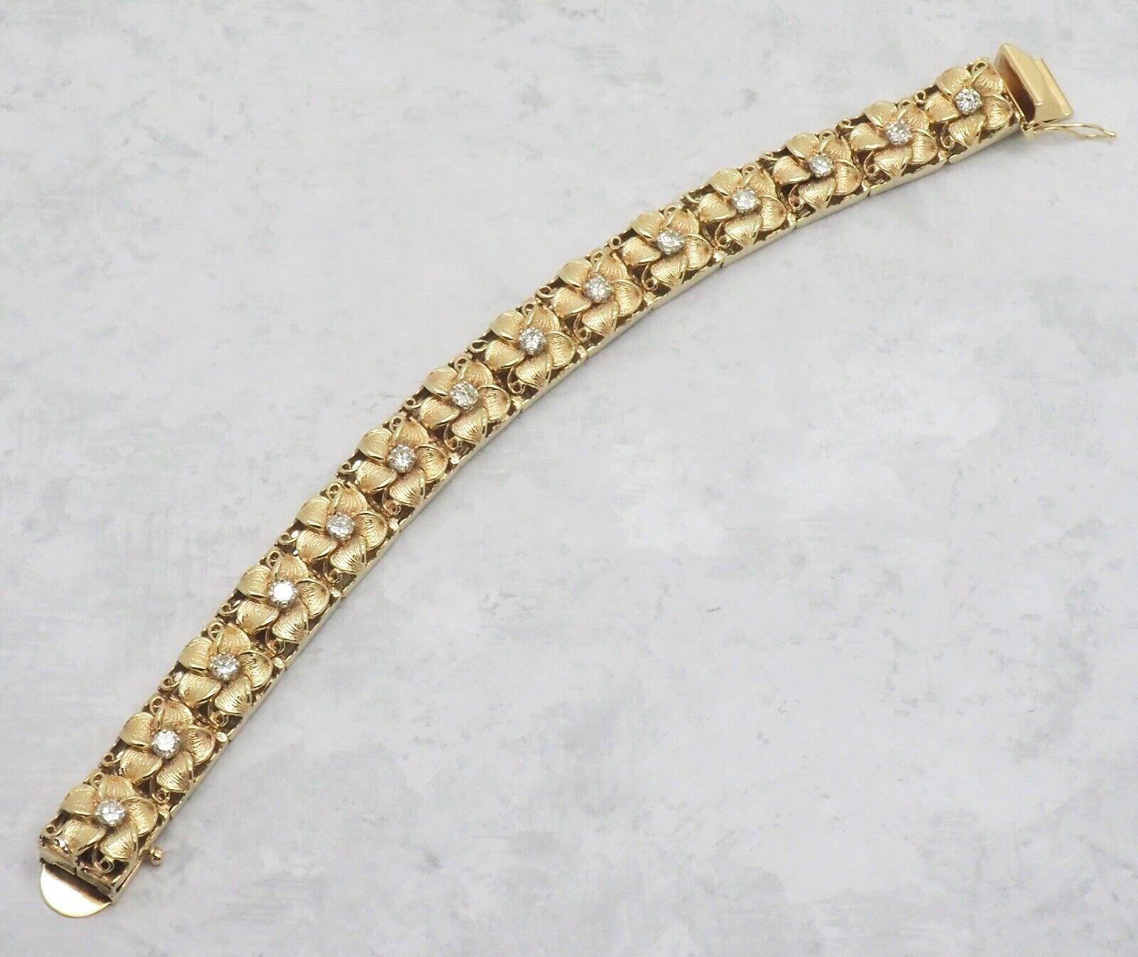 Vintage 14k Gelbgold Diamant-Blumenarmband, 7,5 Zoll - 70.0g im Zustand „Gut“ im Angebot in Providence, RI