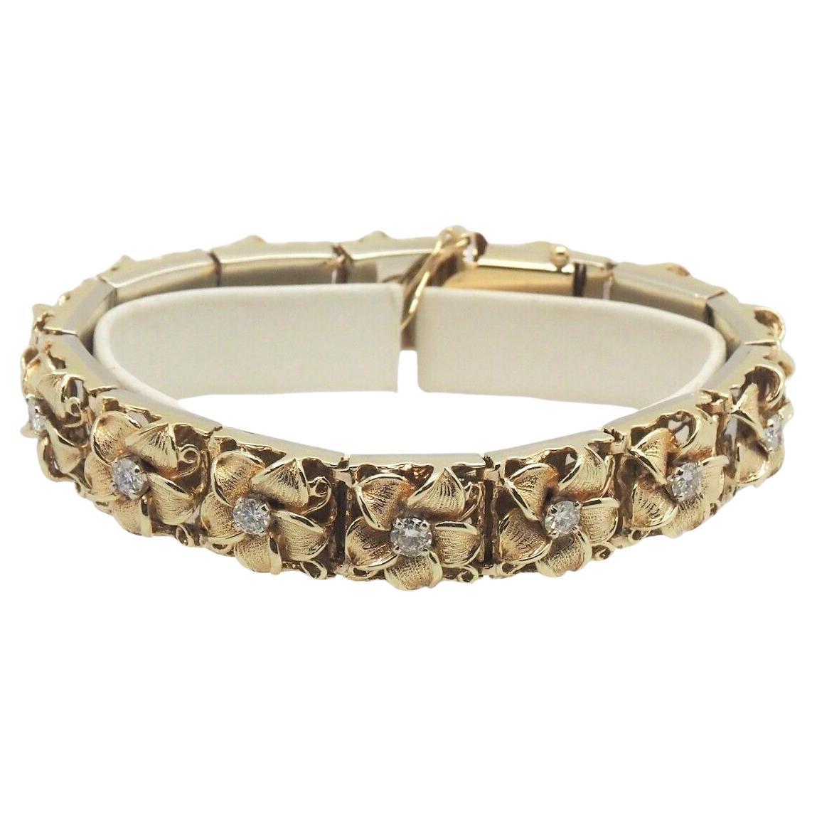 Bracciale vintage con fiori di diamante in oro giallo 14k, 7,5 pollici - 70,0g