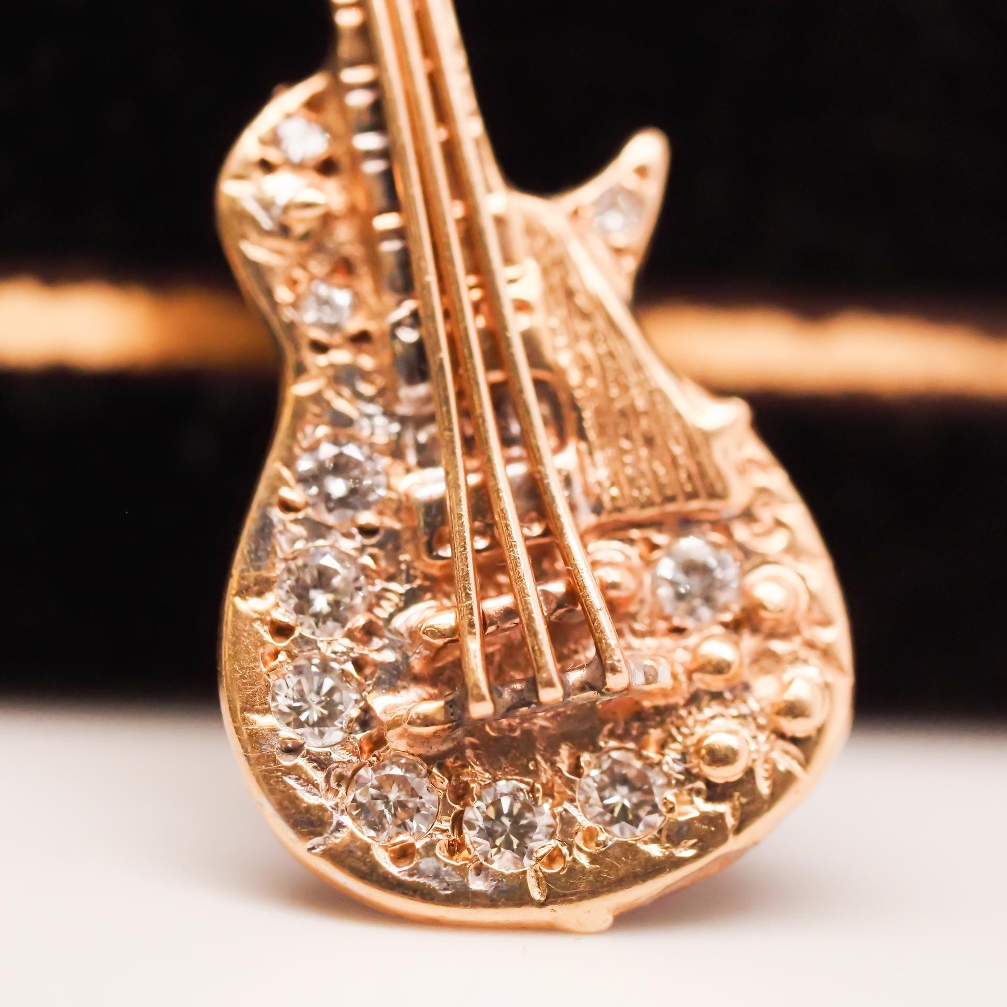 Pendentif guitare vintage en or jaune 14 carats avec diamants en vente 1
