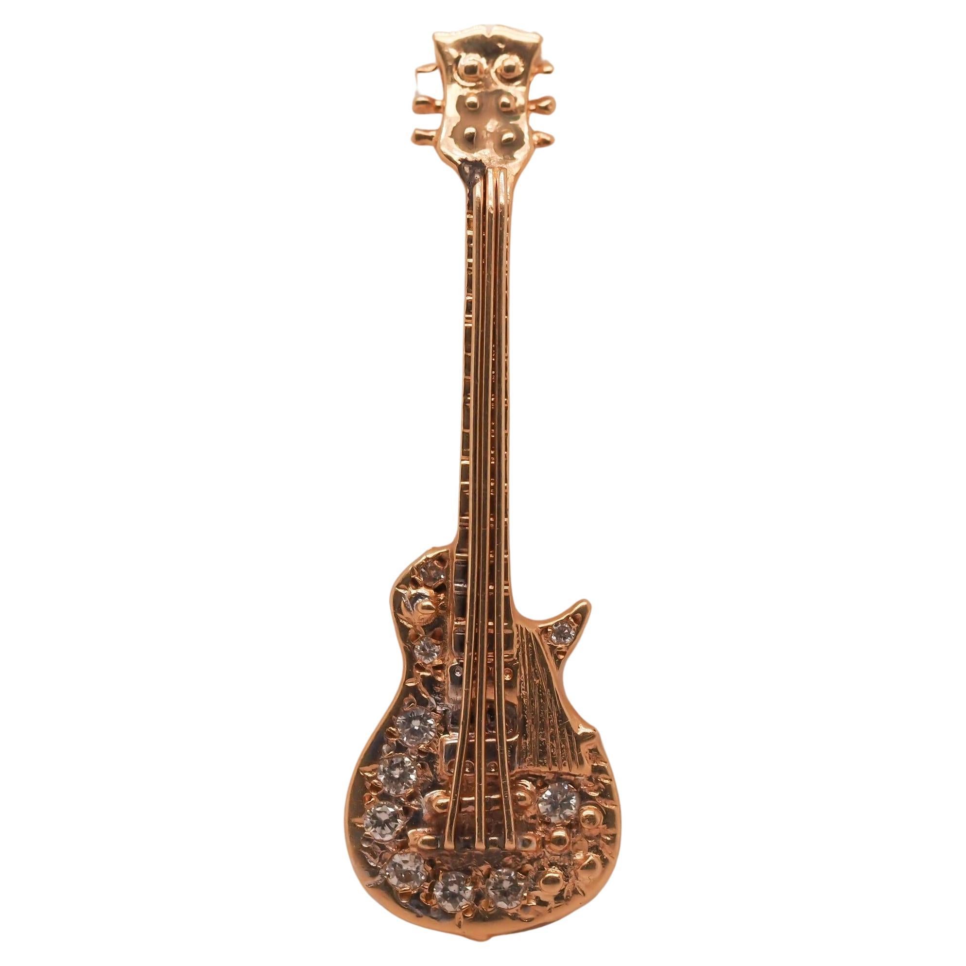 Pendentif guitare vintage en or jaune 14 carats avec diamants en vente
