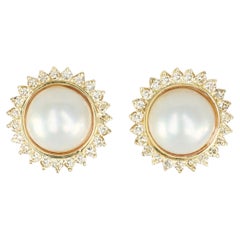 Vintage 14k Yellow Gold Diamond Halo Mabe Pearl Stud Earrings