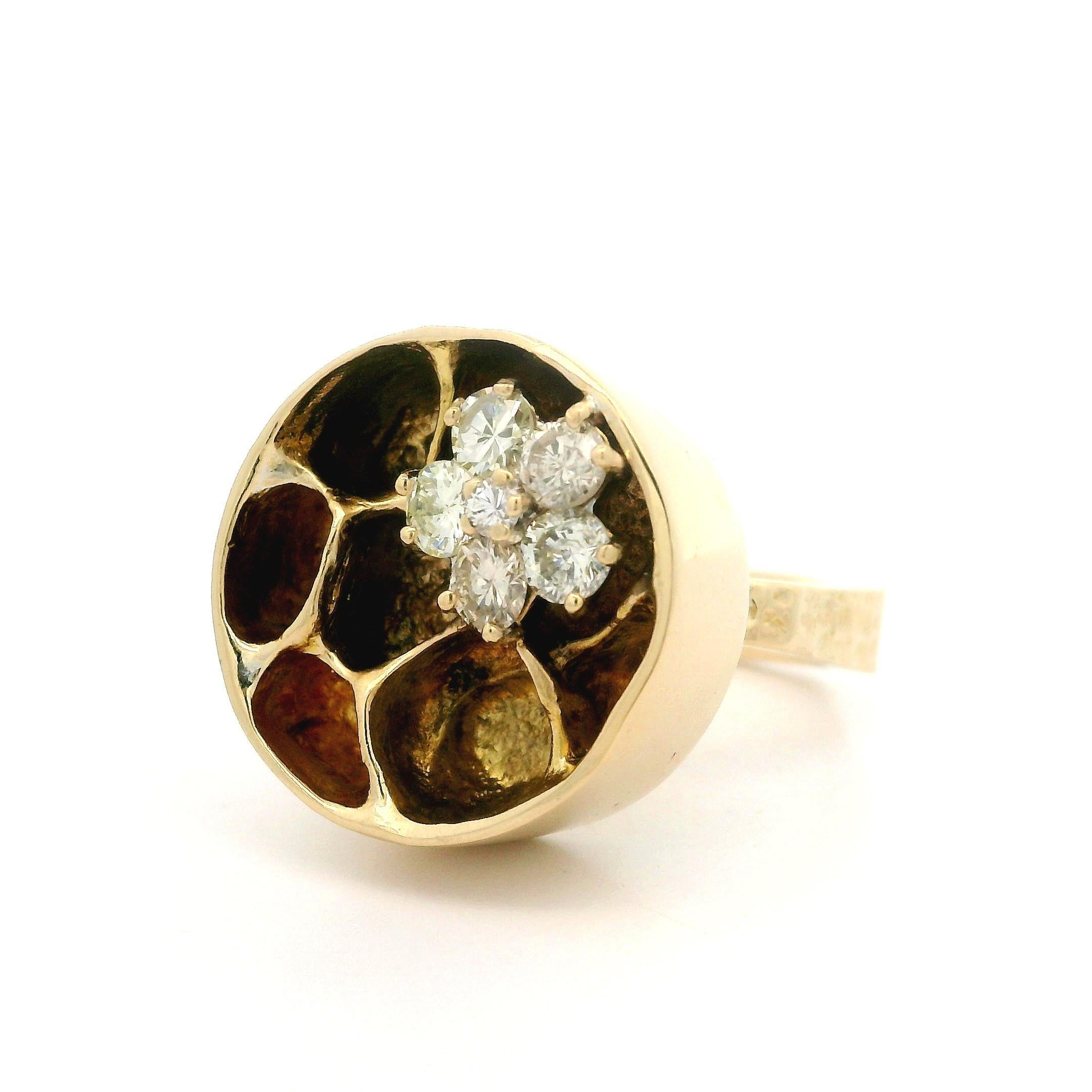 Vintage 14k Yellow Gold Diamond Honey Comb Flower Chunky Heavy Cocktail Ring For Sale 5