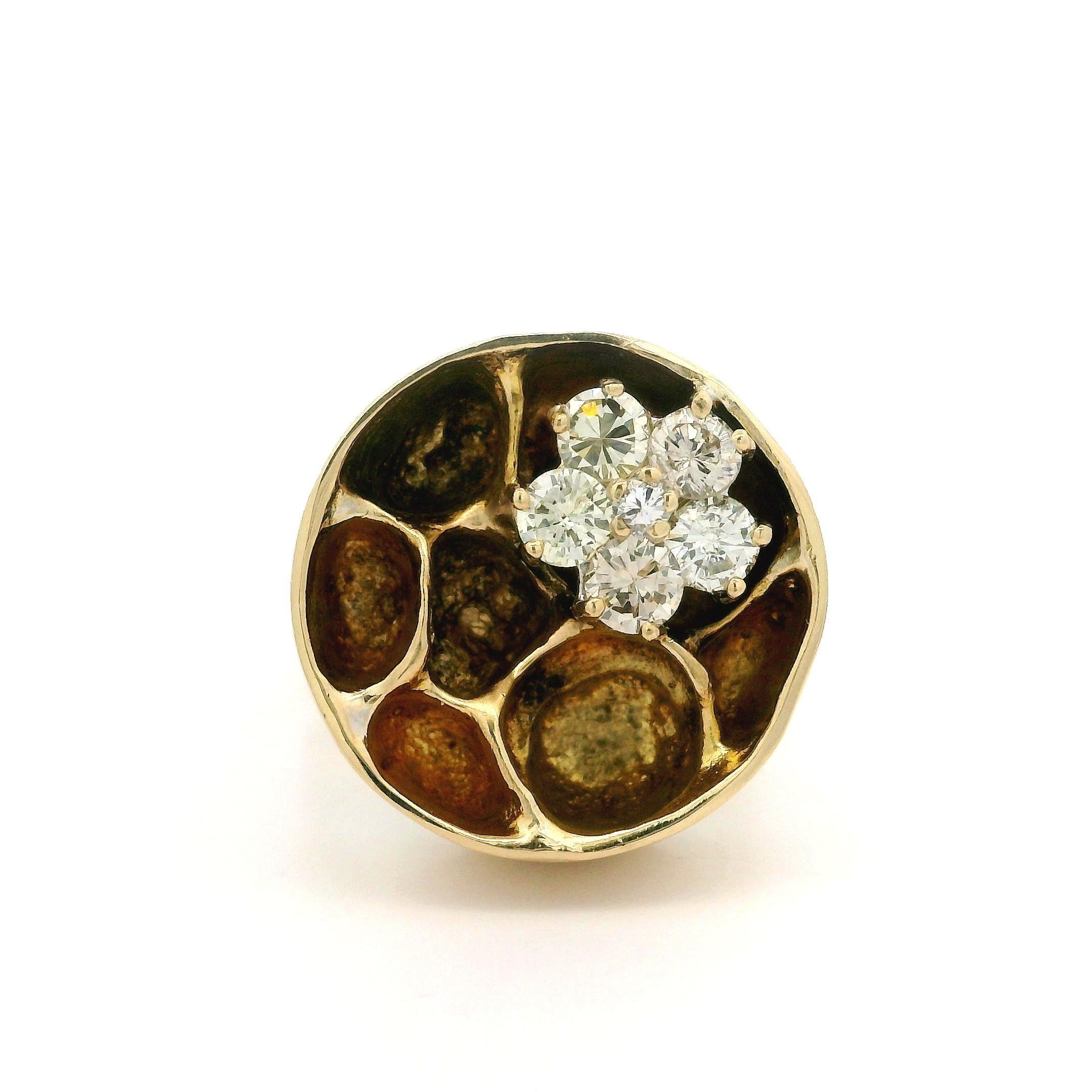Vintage 14k Yellow Gold Diamond Honey Comb Flower Chunky Heavy Cocktail Ring For Sale 9