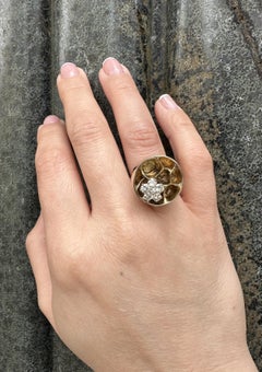 Vintage 14k Yellow Gold Diamond Honey Comb Flower Chunky Heavy Cocktail Ring