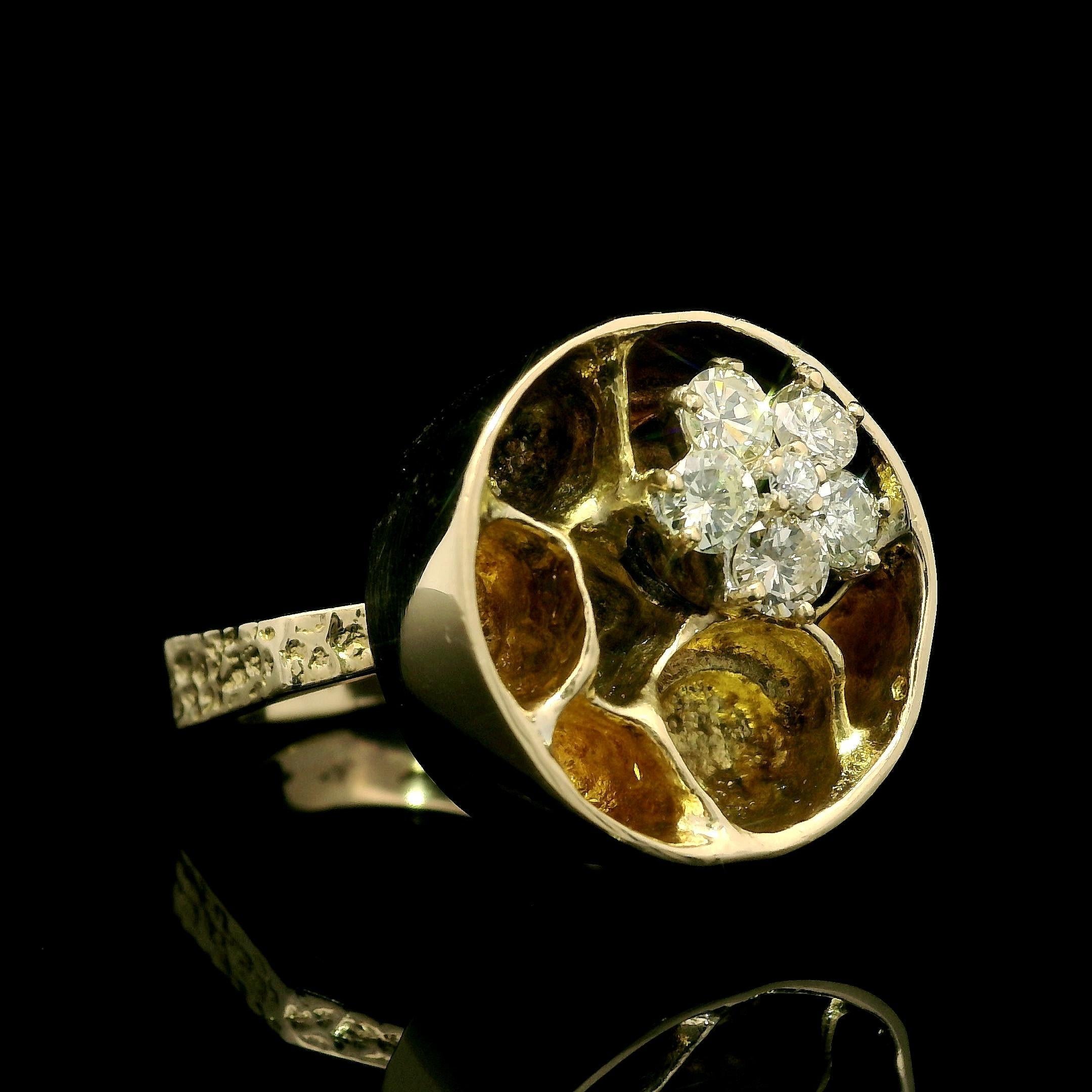 Women's Vintage 14k Yellow Gold Diamond Honey Comb Flower Chunky Heavy Cocktail Ring For Sale