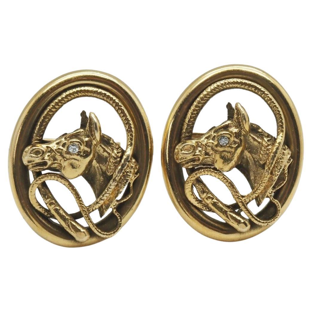 Vintage 14k Yellow Gold Diamond Horse Cufflinks - 34.2g