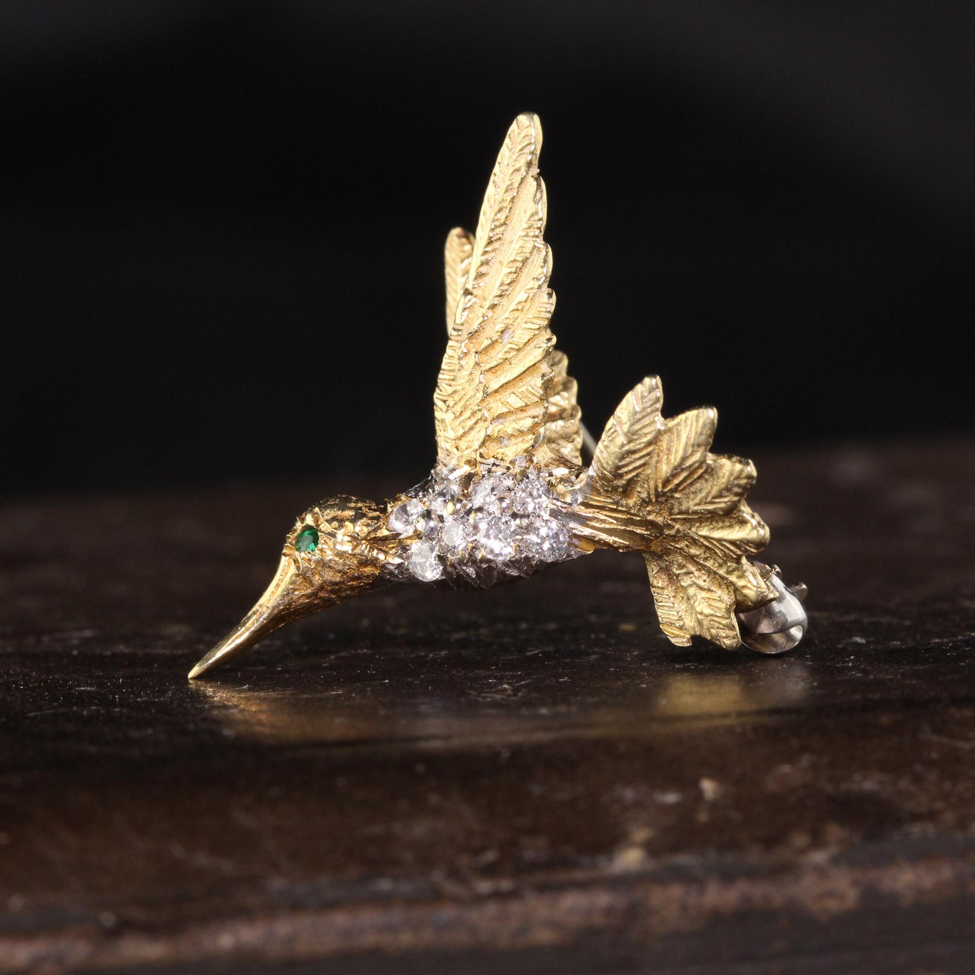A stunning Vintage 14K Yellow Gold Diamond Hummingbird Pin. Amazing details and beautifully crafted!

Item #P0100

Metal: 14K Yellow Gold 

Weight: 3.90 Grams

Diamond Weight: Approximately 0.15 ct rose cut diamonds

Emerald: .01 ct emerald