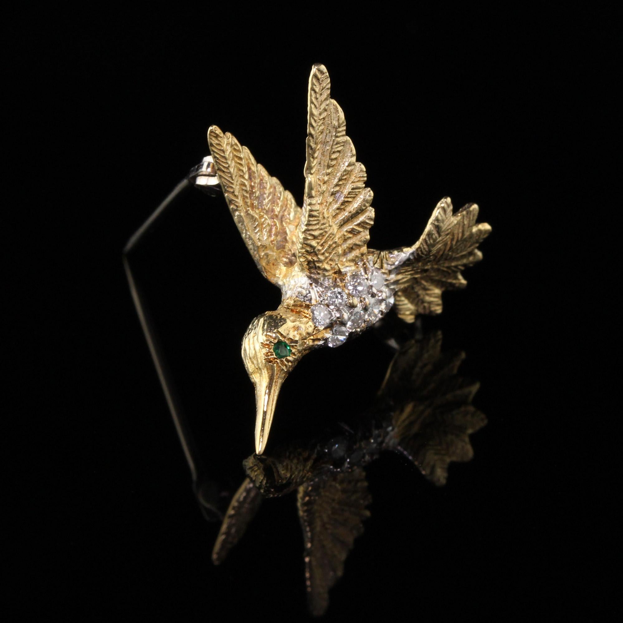 Vintage 14 Karat Yellow Gold Diamond Hummingbird Pin In Excellent Condition In Great Neck, NY