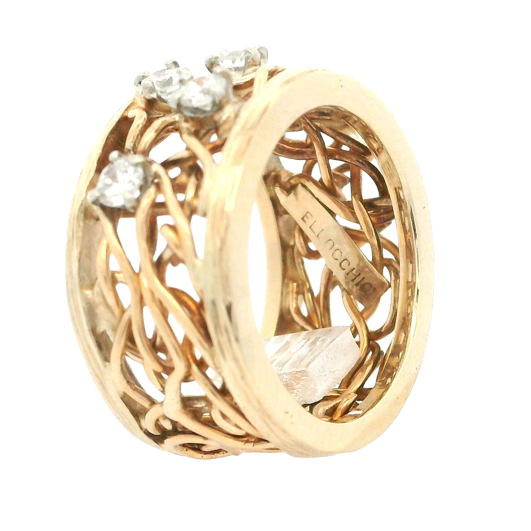 Vintage 14k Yellow Gold Diamond Open Wire Work Wide Band Ring Size 3.5 5