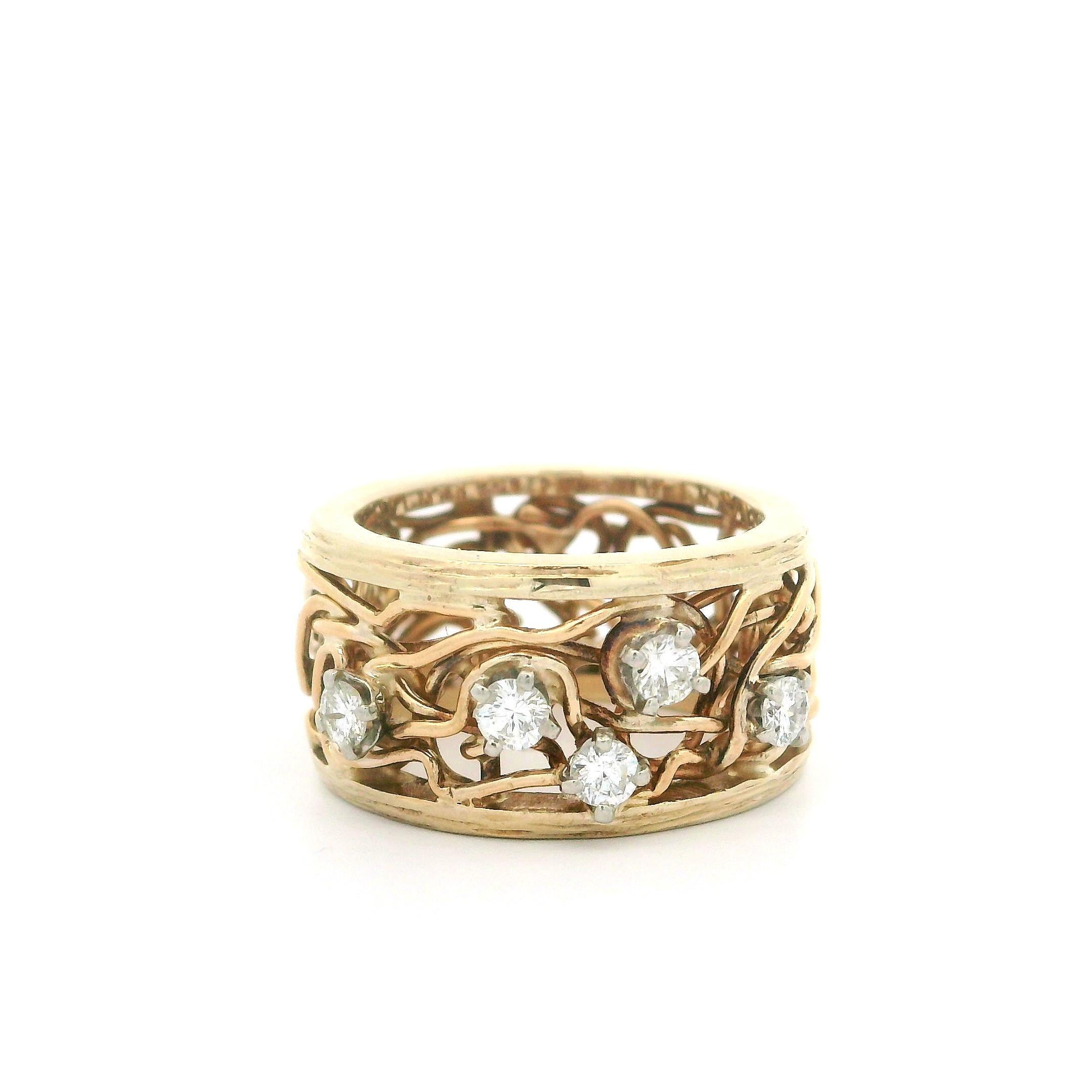 Brilliant Cut Vintage 14k Yellow Gold Diamond Open Wire Work Wide Band Ring Size 3.5