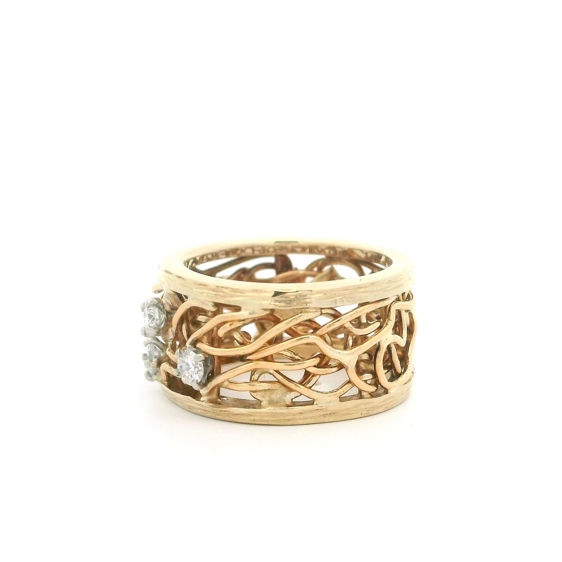 Vintage 14k Yellow Gold Diamond Open Wire Work Wide Band Ring Size 3.5 In Excellent Condition In Montclair, NJ