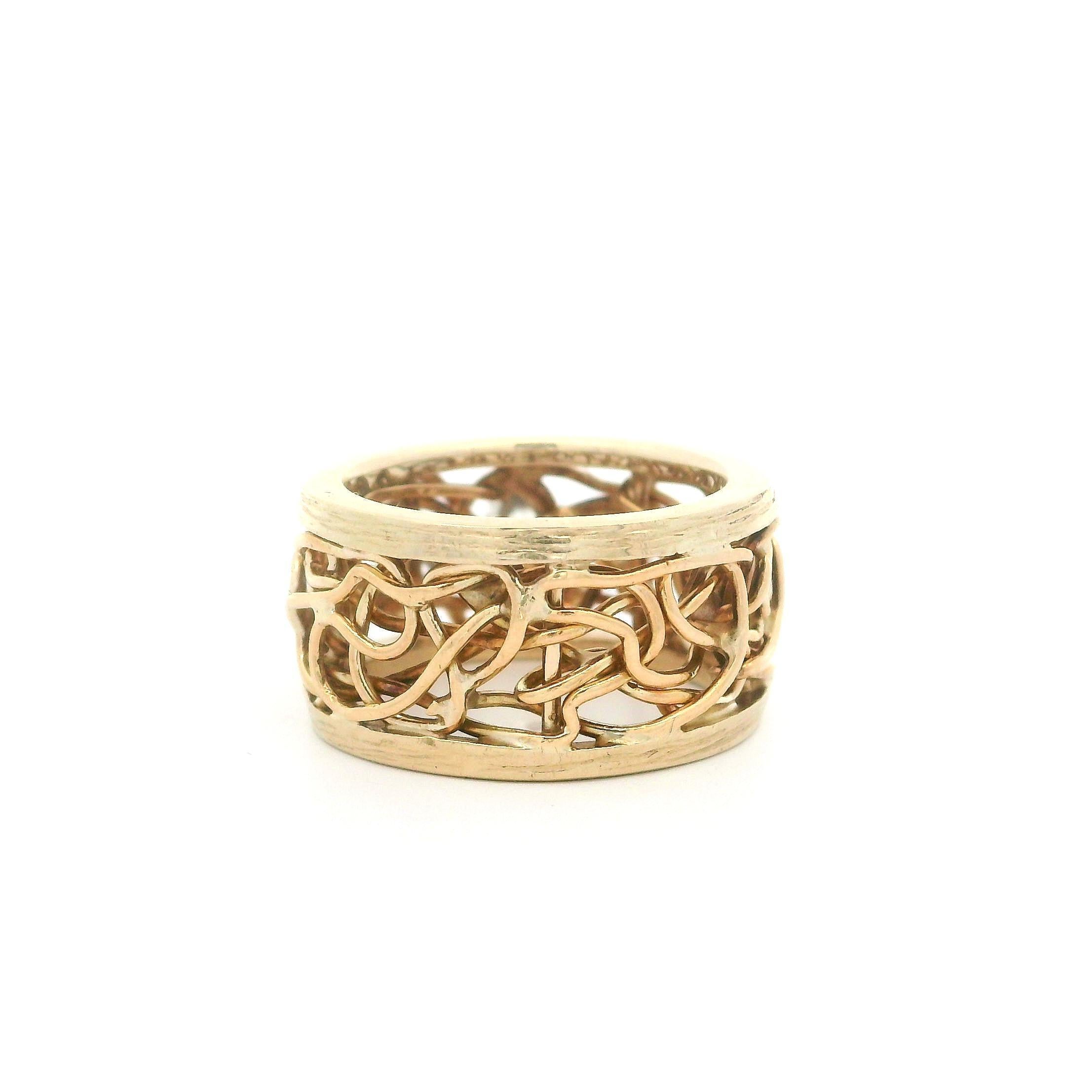 Women's Vintage 14k Yellow Gold Diamond Open Wire Work Wide Band Ring Size 3.5