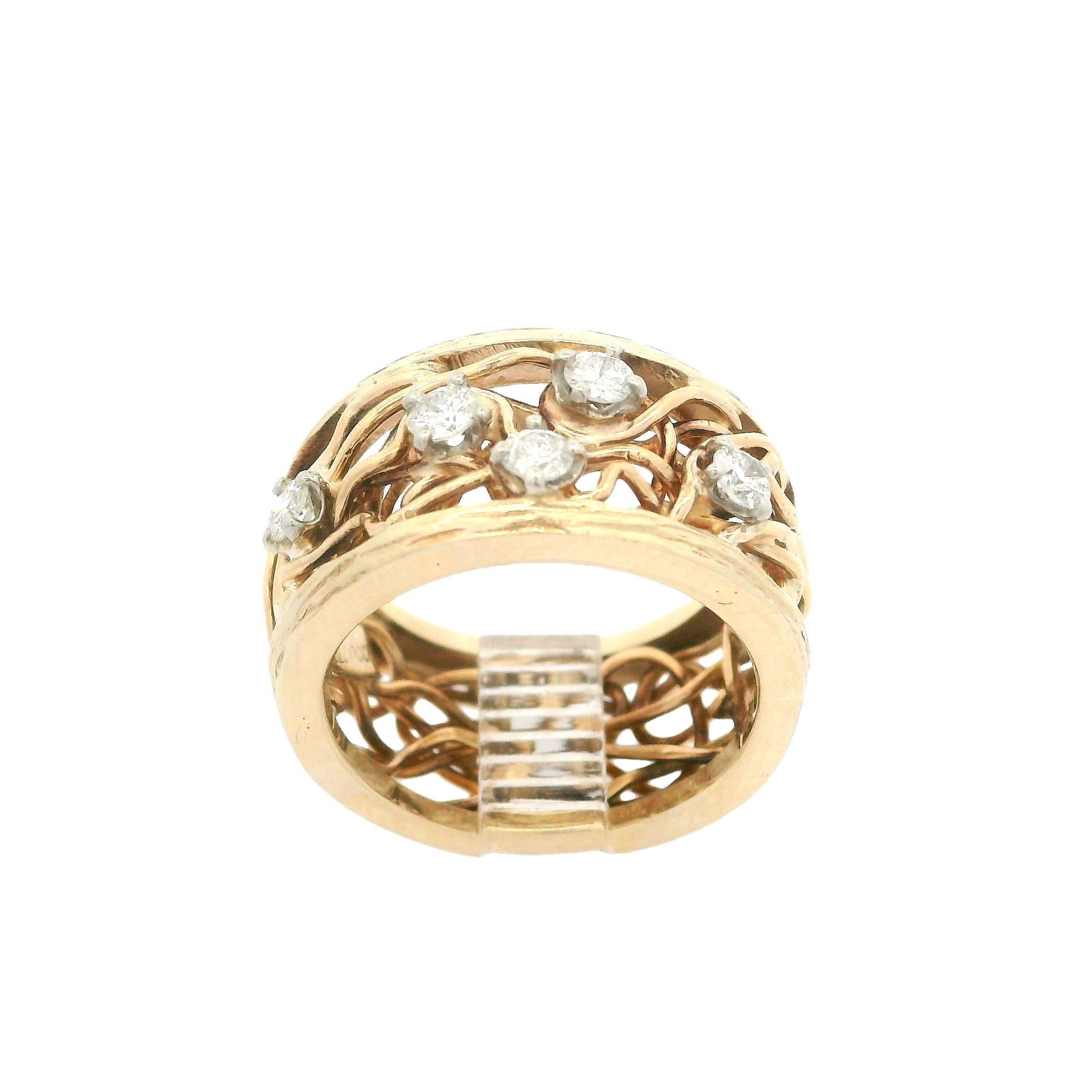 Vintage 14k Yellow Gold Diamond Open Wire Work Wide Band Ring Size 3.5 1