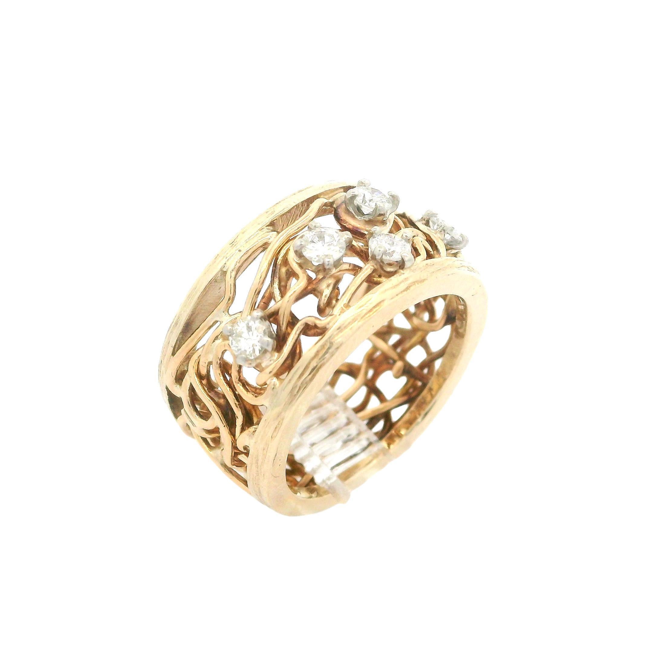 Vintage 14k Yellow Gold Diamond Open Wire Work Wide Band Ring Size 3.5 2
