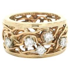 Vintage 14k Yellow Gold Diamond Open Wire Work Wide Band Ring Size 3.5