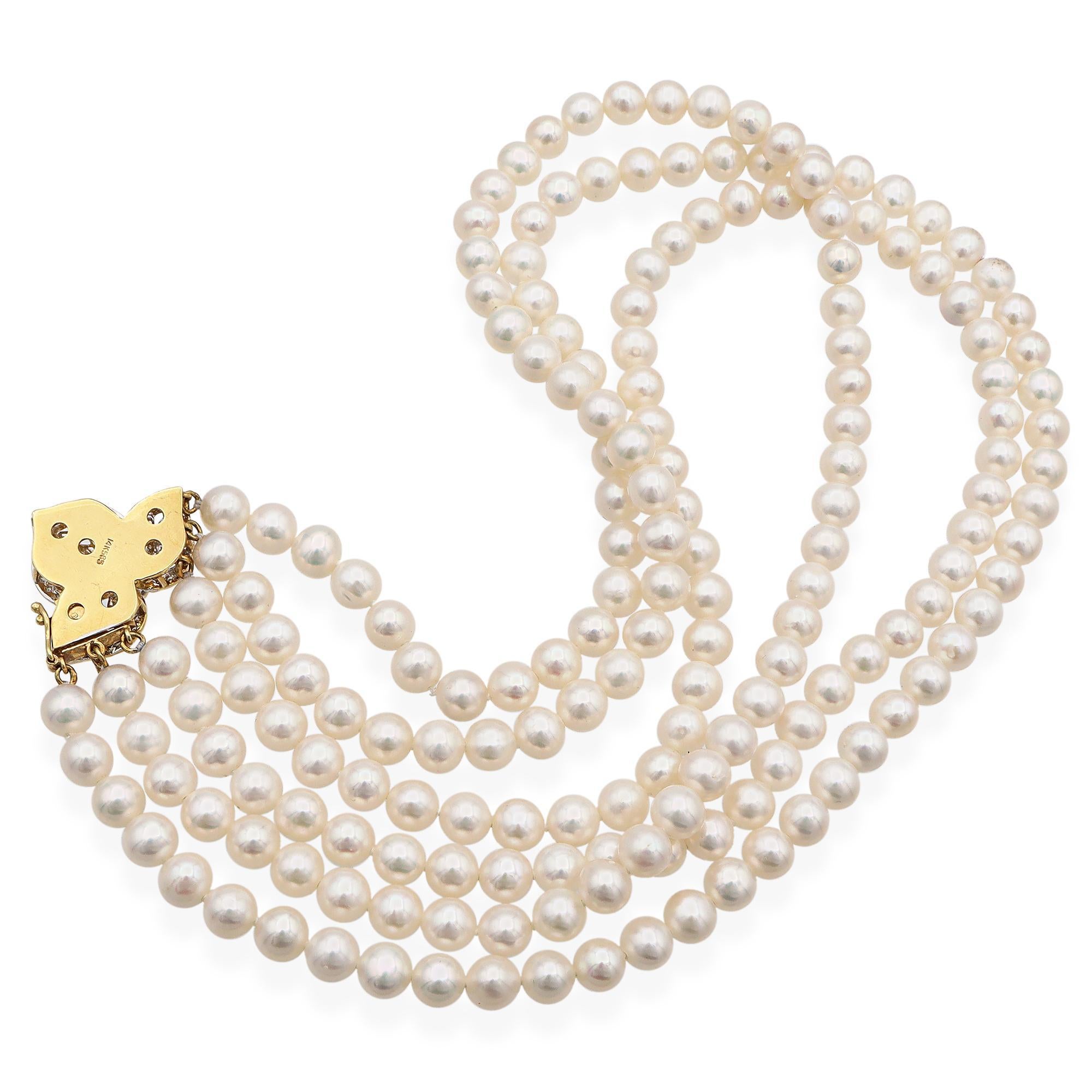 Vintage 14K Yellow Gold Diamond Pearl Beaded Triple Strand Necklace In Good Condition In New York, NY