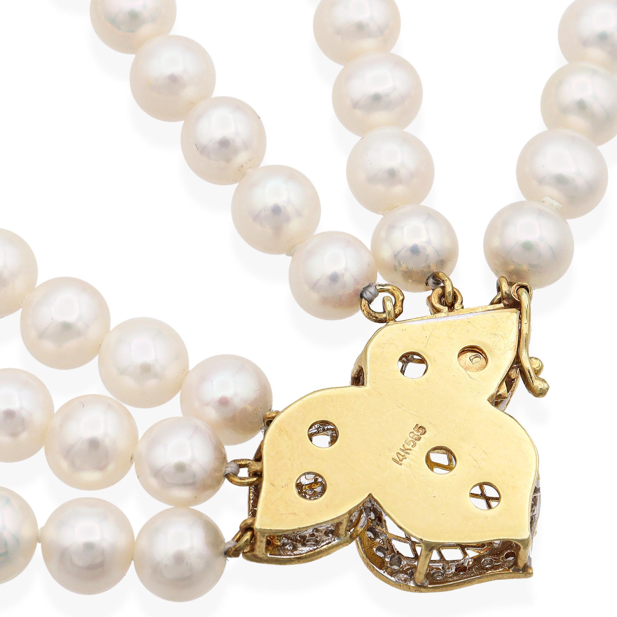 Women's Vintage 14K Yellow Gold Diamond Pearl Beaded Triple Strand Necklace