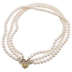 Vintage 14K Yellow Gold Diamond Pearl Beaded Triple Strand Necklace