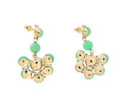 Vintage 14K Yellow Gold Diamond Pearl Jade Bezel Setting Drop Earring
