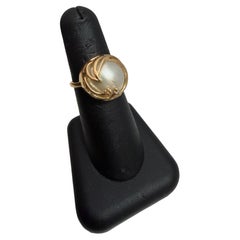 14K Yellow Gold Cultured Mobe Pearl Diamond Ring — Size 7.25, Clearence