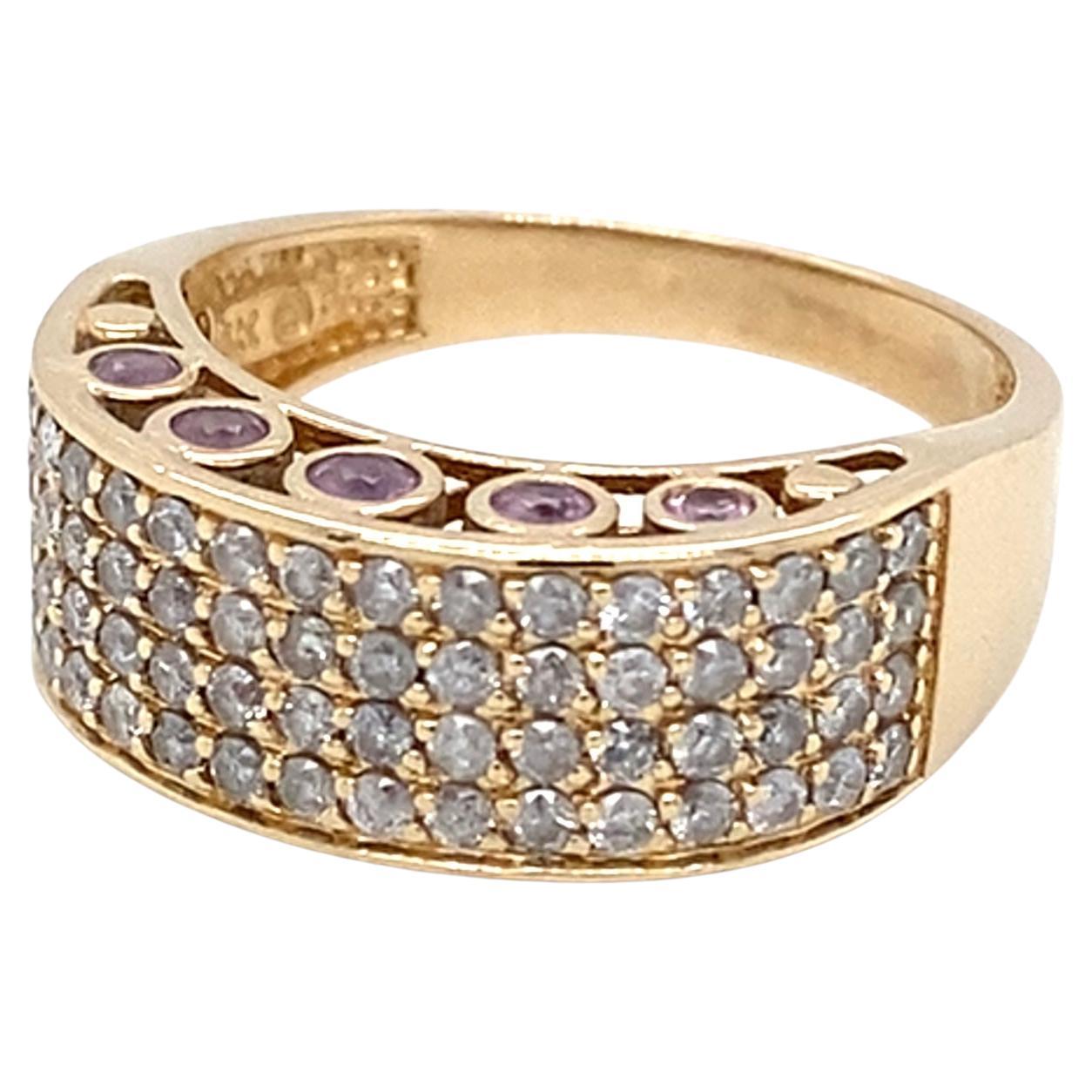 Vintage 14K Yellow Gold Diamond 
Pink Sapphire Pave Fashion Ring en venta