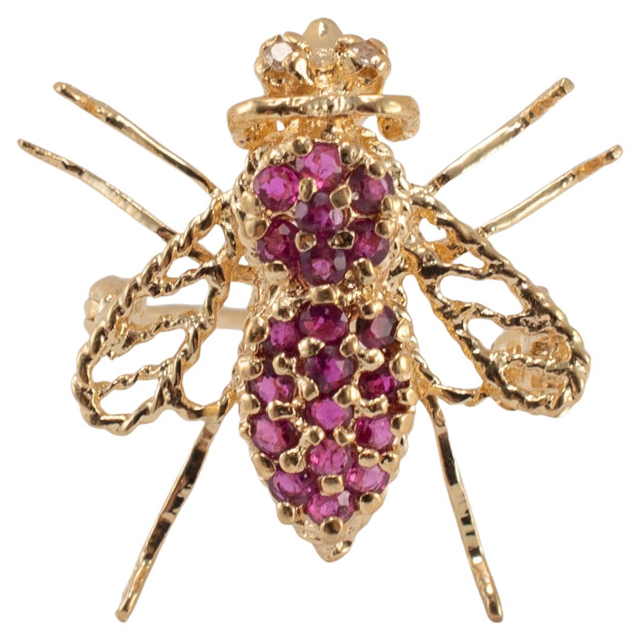 Vintage 14K Yellow Gold Diamond Rubies Bee Pin Brooch