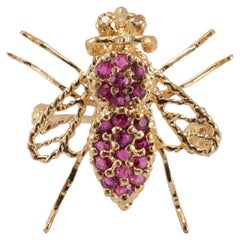 Vintage 14K Yellow Gold Diamond Rubies Bee Pin Brooch