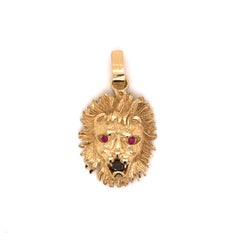 Vintage 14 Karat Yellow Gold Diamond Ruby Lion's Head Pendant