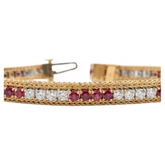 Vintage 14K Yellow Gold Diamond Ruby Mesh Bracelet 4 Carats Elegant Design